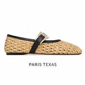 Paris Texas Sveva Raffia Buckle Ballerina Flats Beige Black NIB